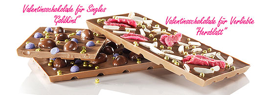Valentinstags-Schokoladen: für Singels mit Lavendelblüten (li.) oder Rosenblätter (re.) (©Foto: mychocci.de)